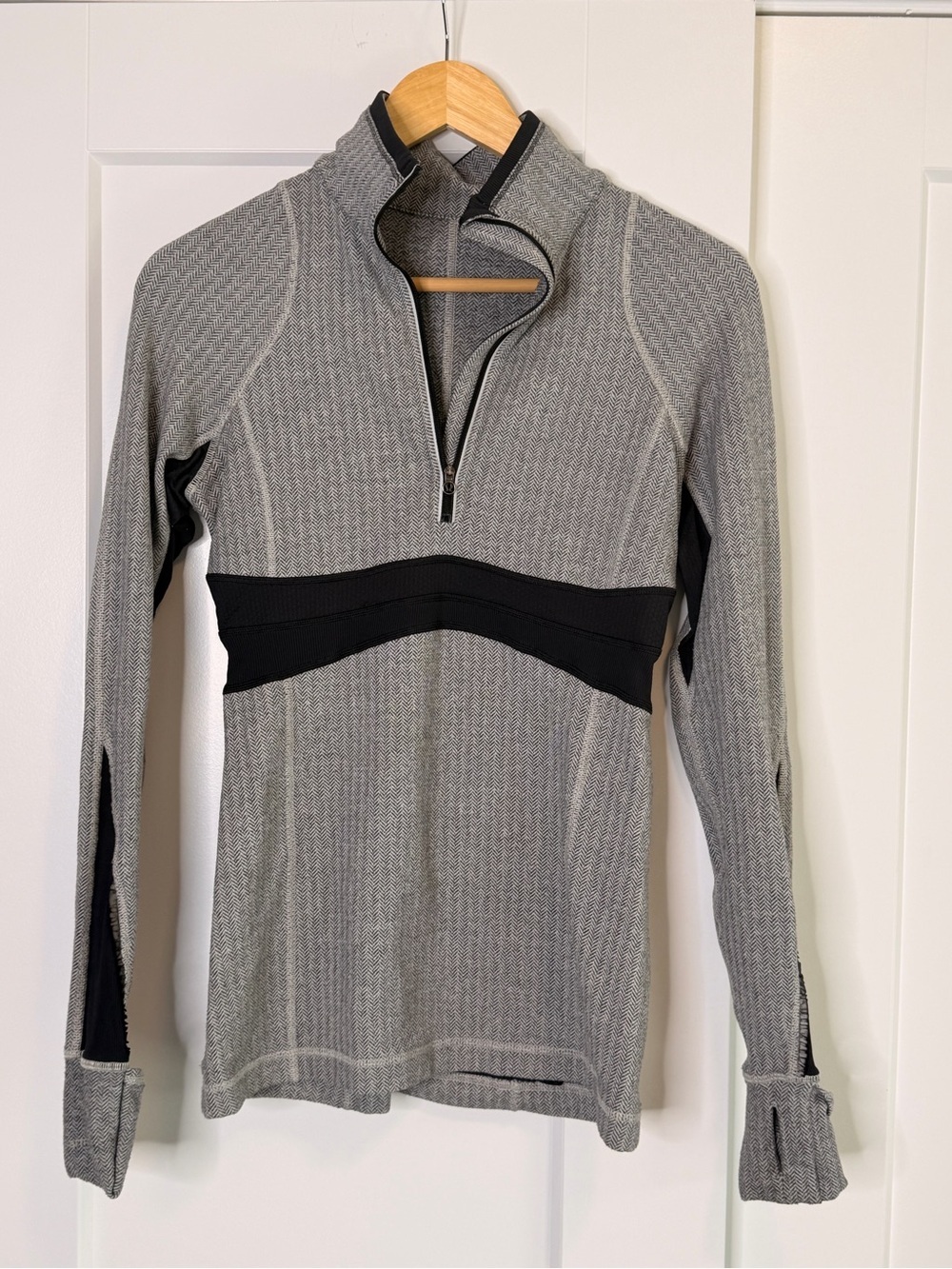 Woman’s Gray Half-Zip Performance Sweater with Black Waist Panel